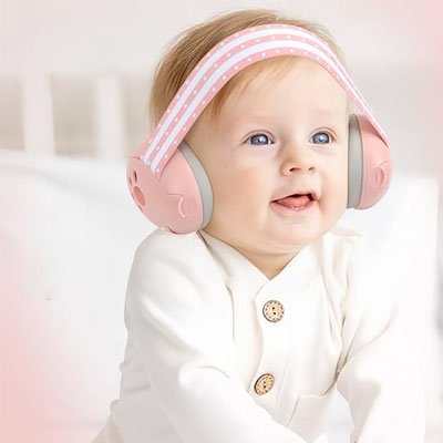 Casque antibruit bébé regarde loin