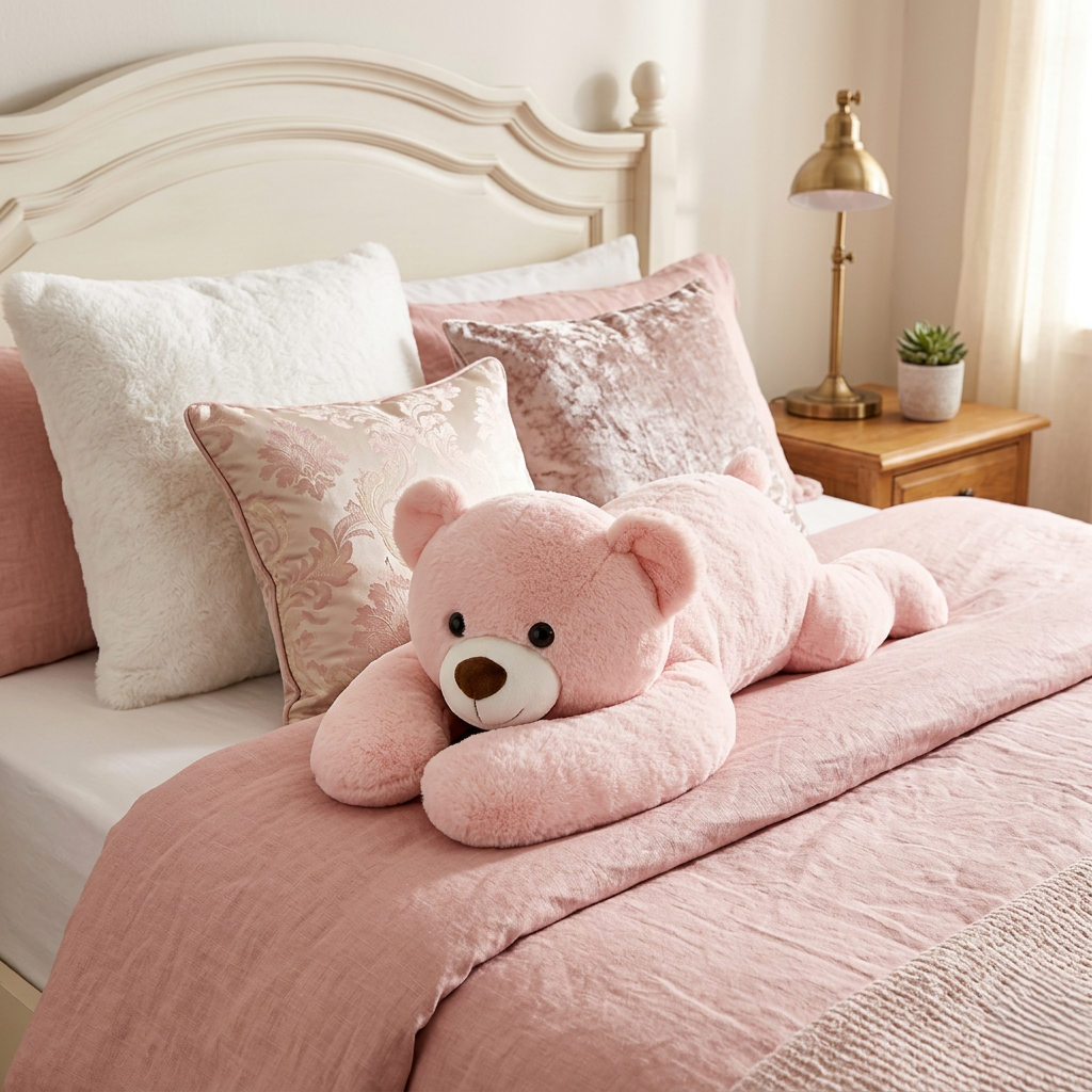 peluche anti stress lestee ours rose sur lit