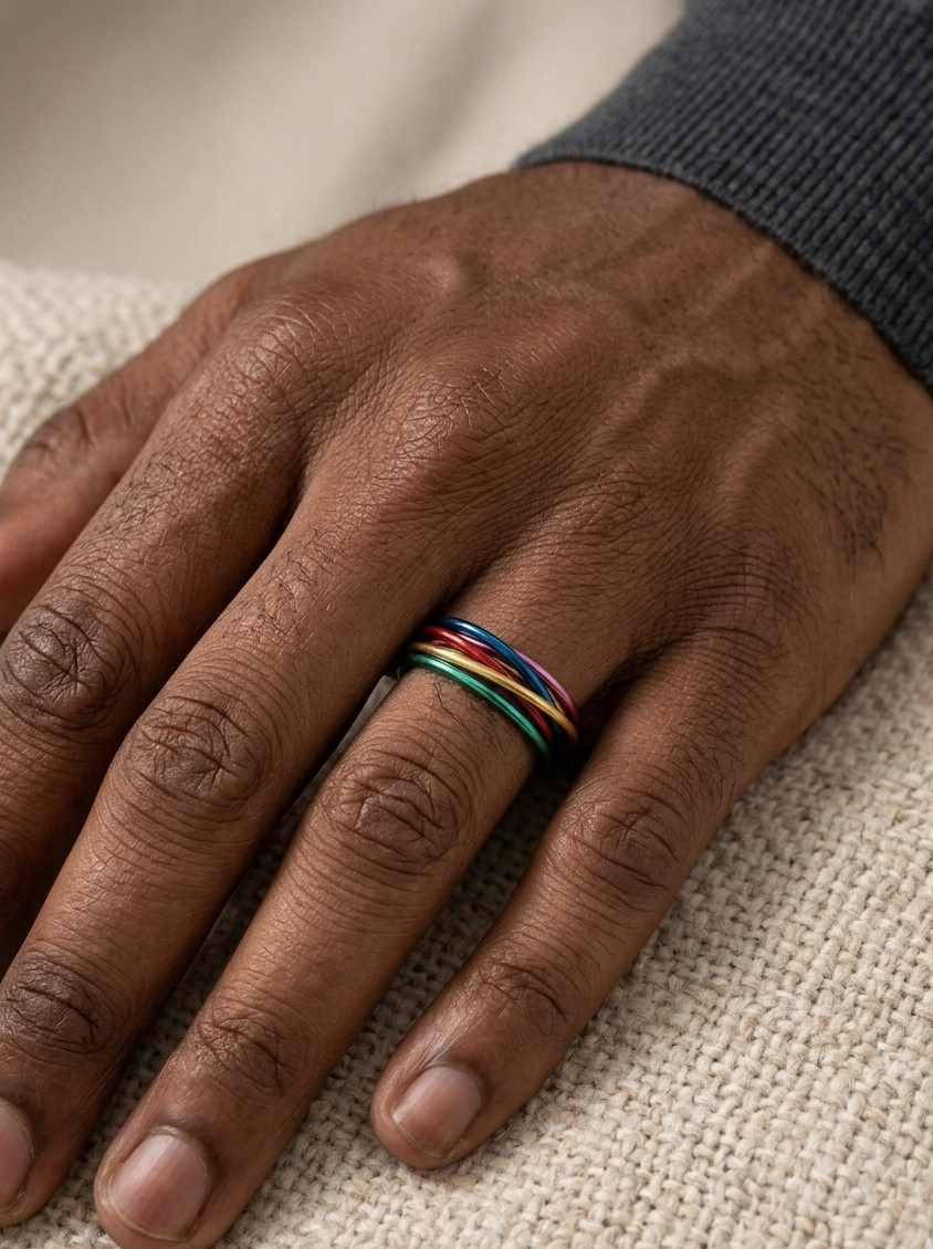 Bague anti stress arc-en-ciel main homme
