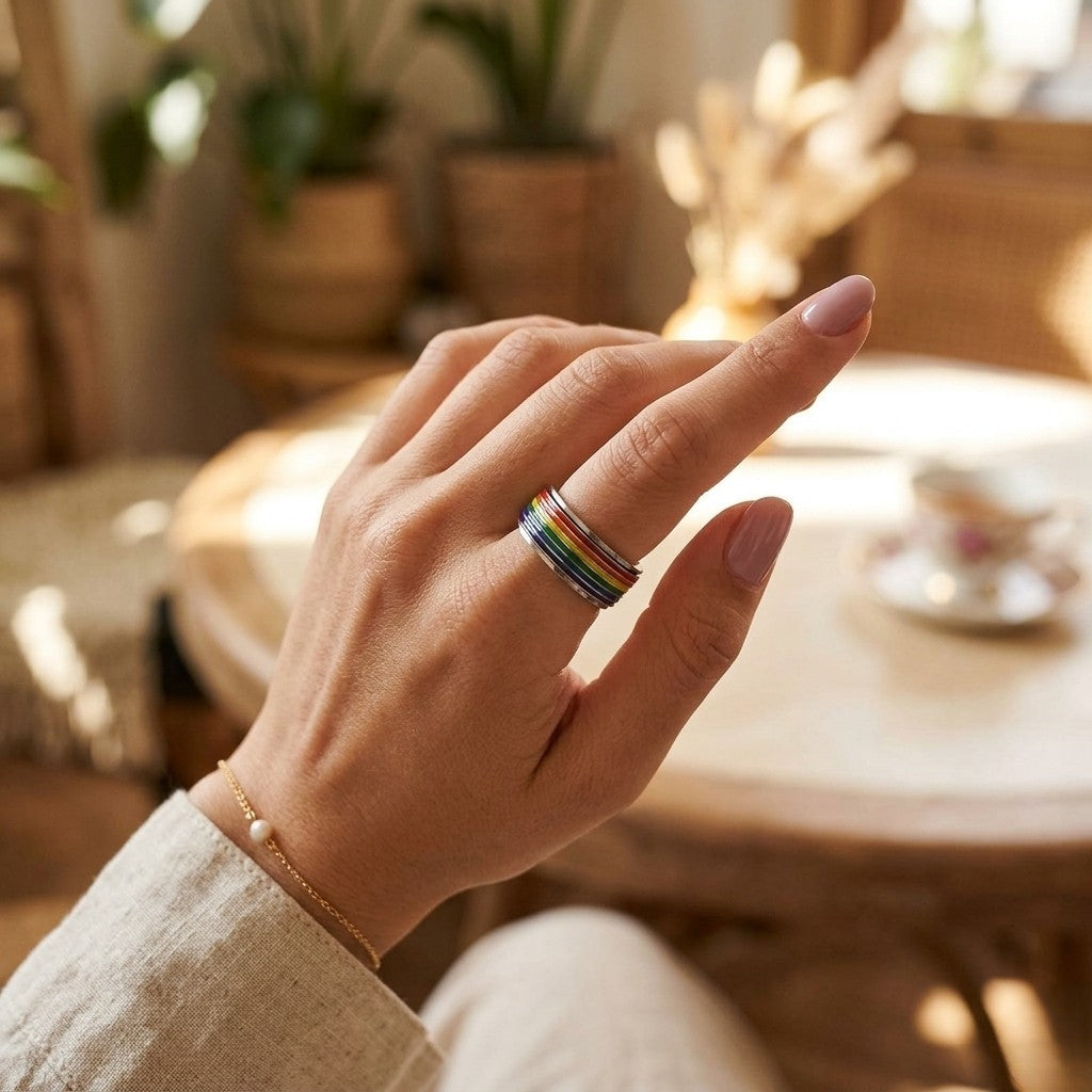 bague anti stress arc-en-ciel main femme