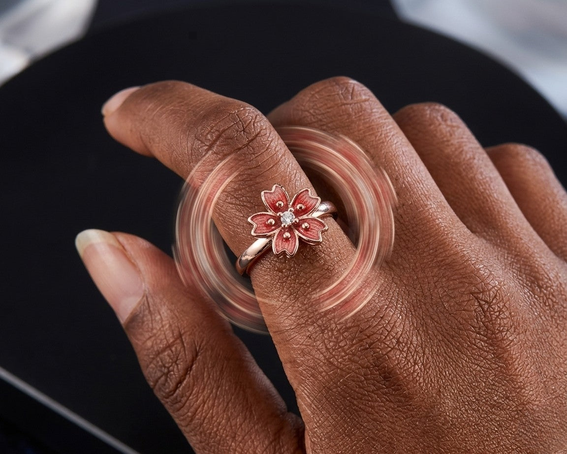 bague anti stress fleur rose rotative