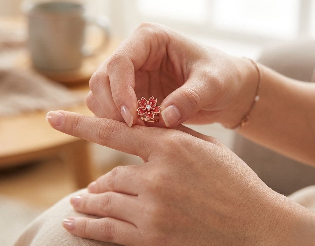 bague anti stress fleur rose tourne