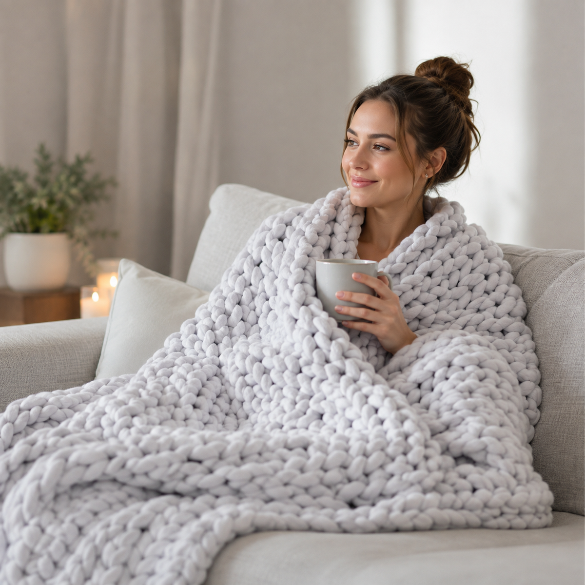 couverture laine tressée blanche femme sofa café