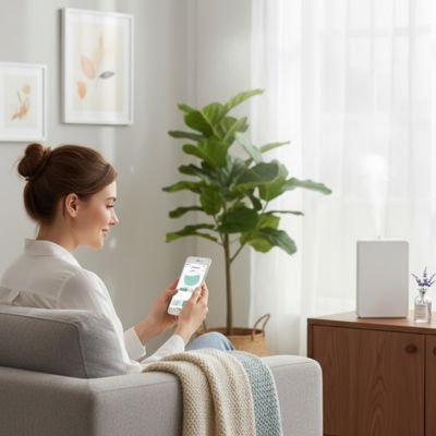 diffuseur huile essentielle moderne salon application cellulaire femme