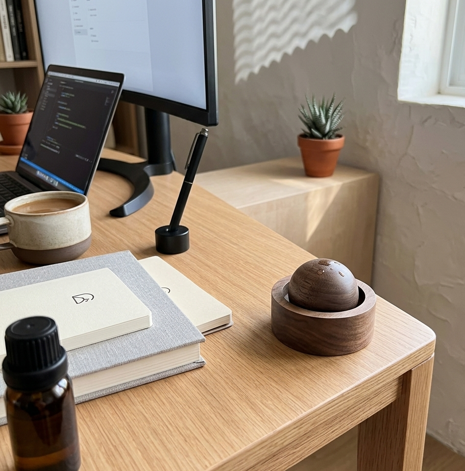 diffuseur huile essentielle sphère bois noyer bureau