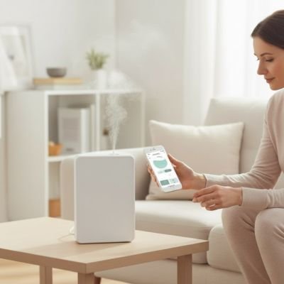 diffuseur huile essentielle table basse application main femme