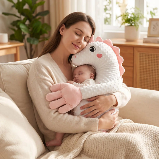 licorne geante en peluche dans bras femme