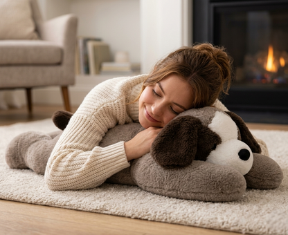 peluche anti stress chien femme couchee dessus