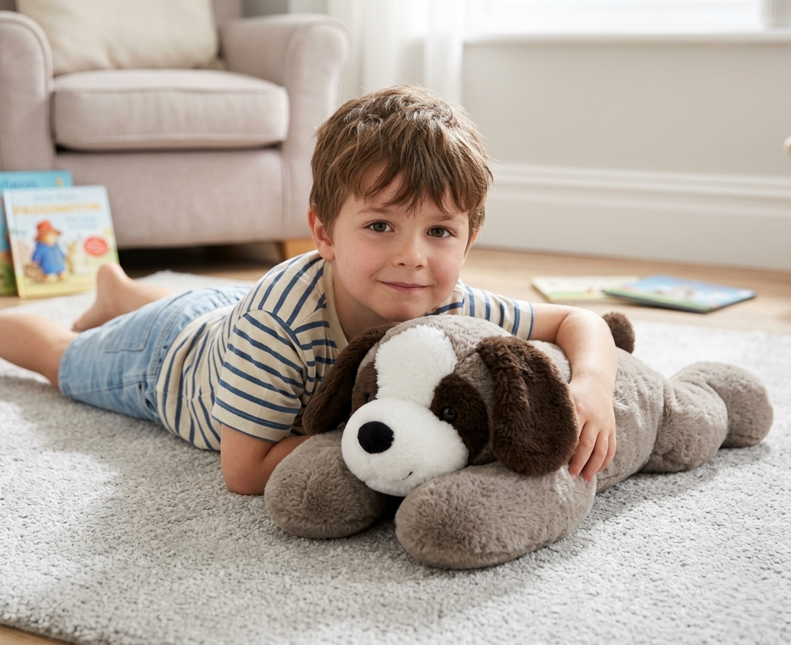 peluche anti stress chien garcon couchee dessus