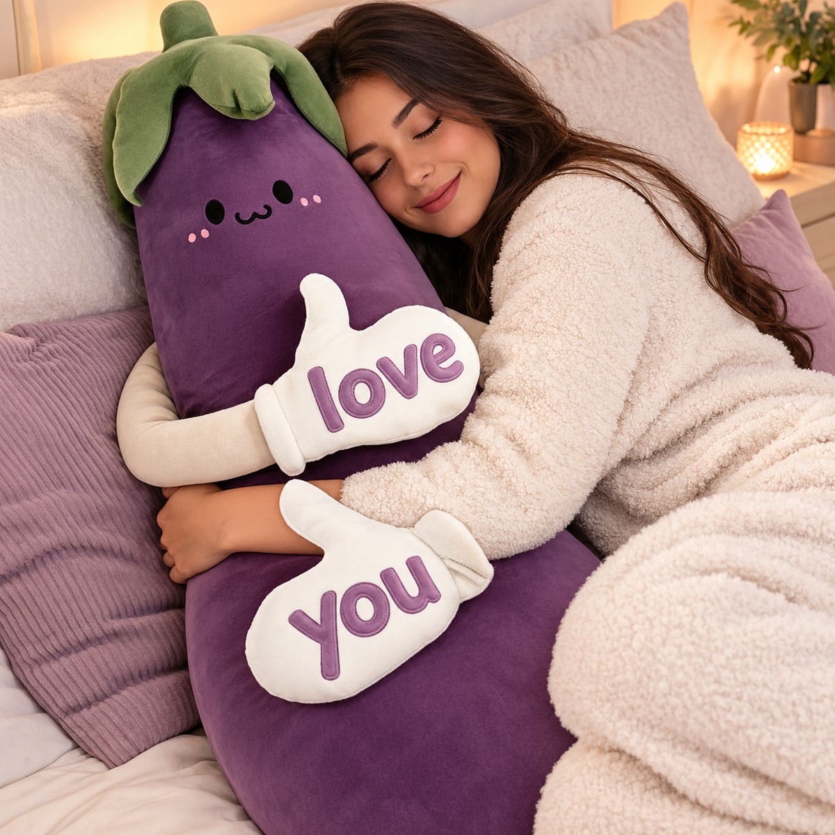 peluche apaisante aubergine femme blottie