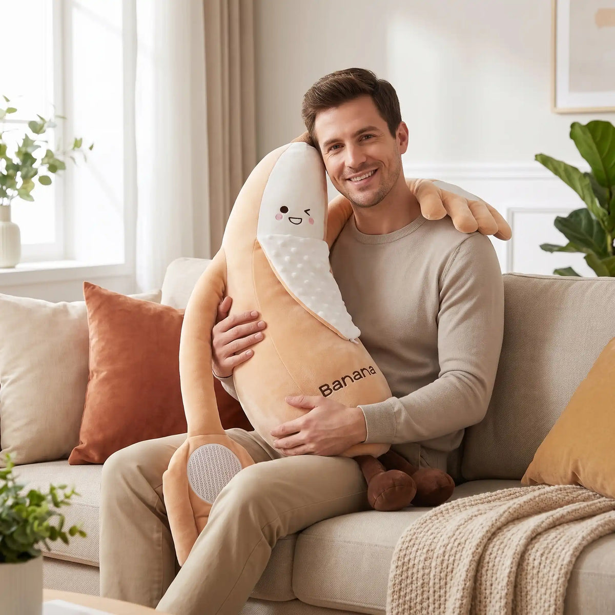 peluche banane homme canape
