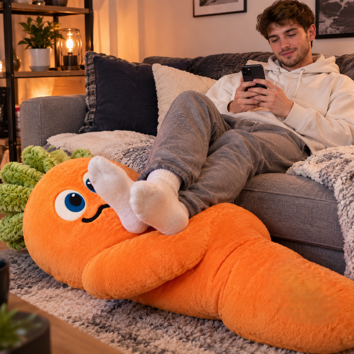 peluche géante carotte soutien jambes homme