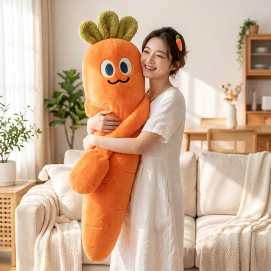 peluche géante carotte bras femme debout