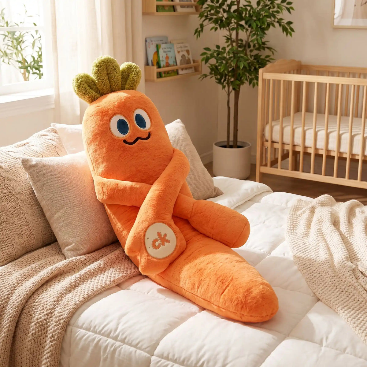 peluche géante carotte sur lit