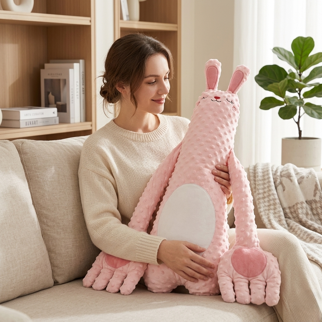 peluche geante lapin femme assise sofa