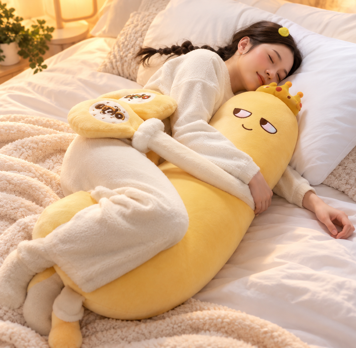 peluche géante mangue femme dormir
