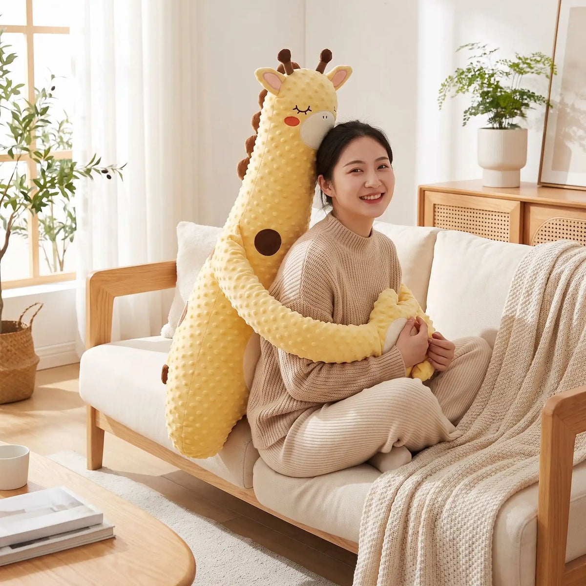 peluche girafe geante femme assise sofa