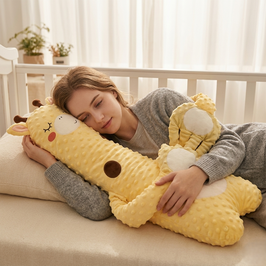 peluche girafe geante femme sieste