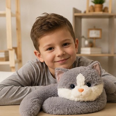 Peluche lestée chat gris avec garcon