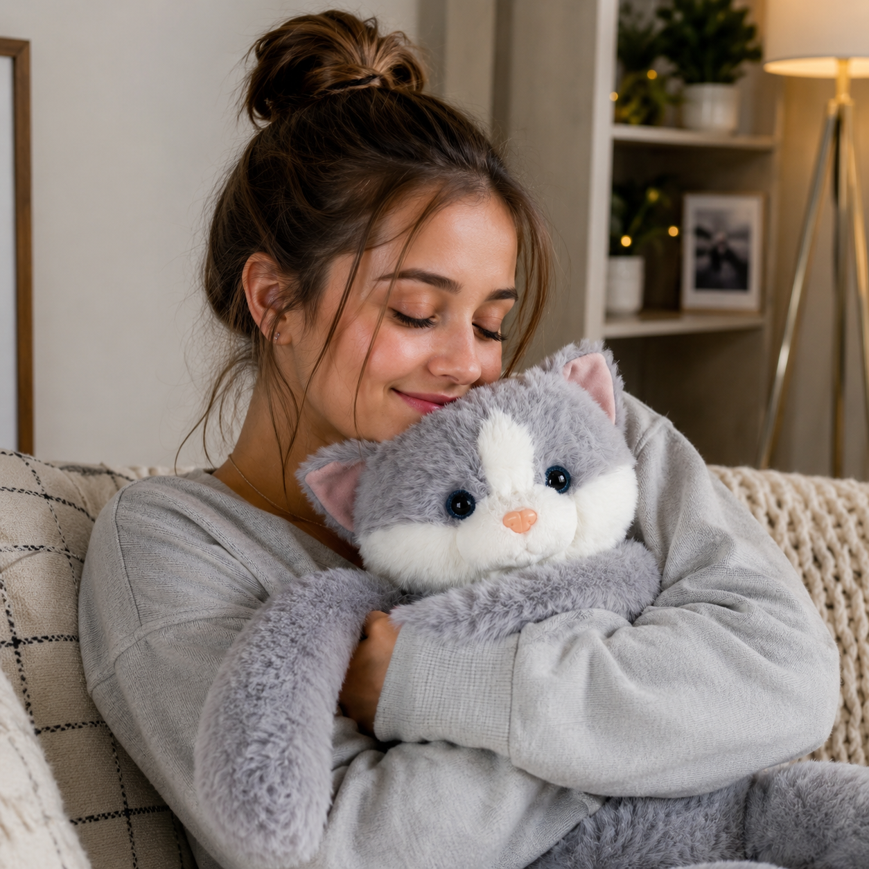 peluche lestee chat gris bras fille