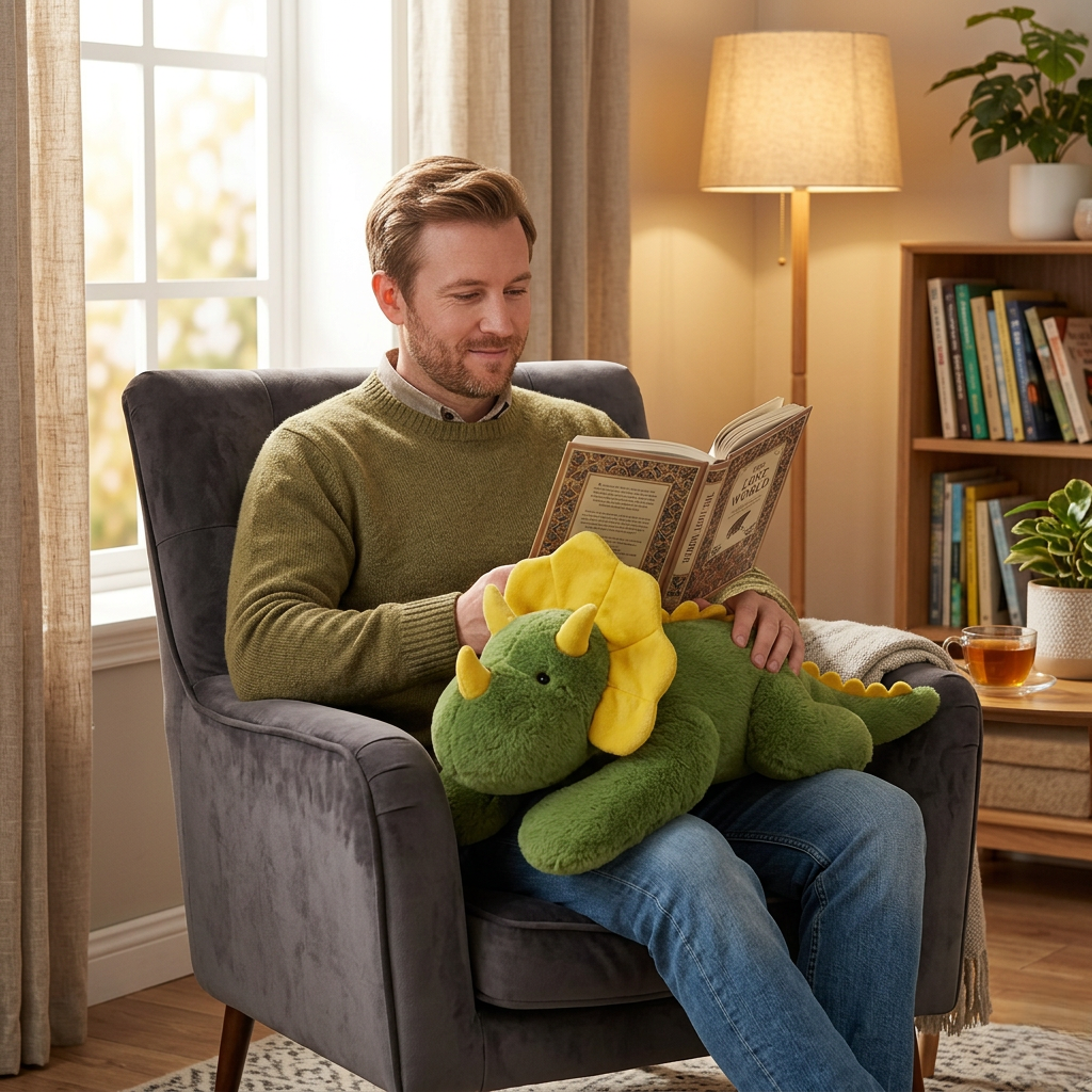 peluche-lestee-dino-genoux-homme-lecture