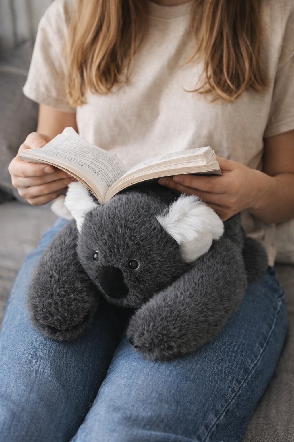 peluche lestee koala genoux femme lecture