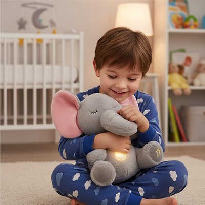 Peluche qui respire éléphant garcon s'amuse