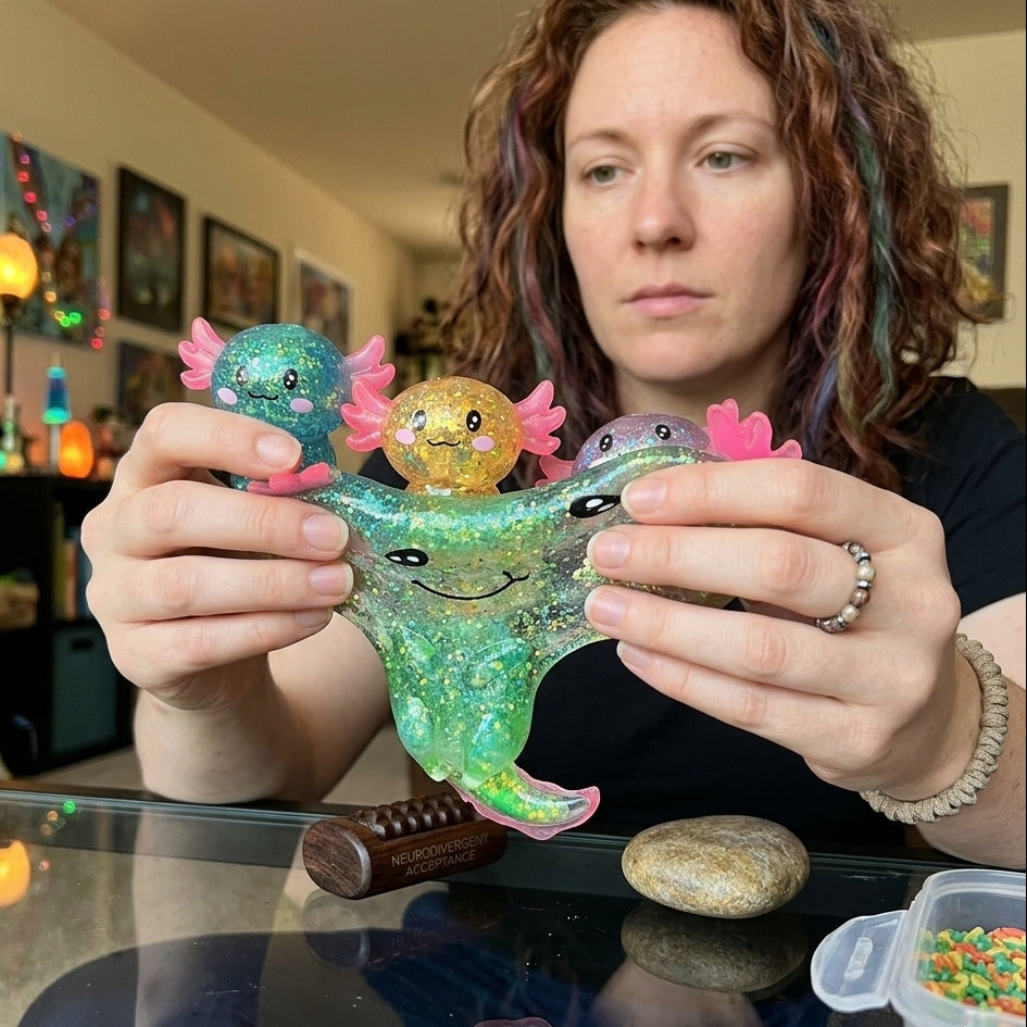 squishy axolotl étirer vert mains femme