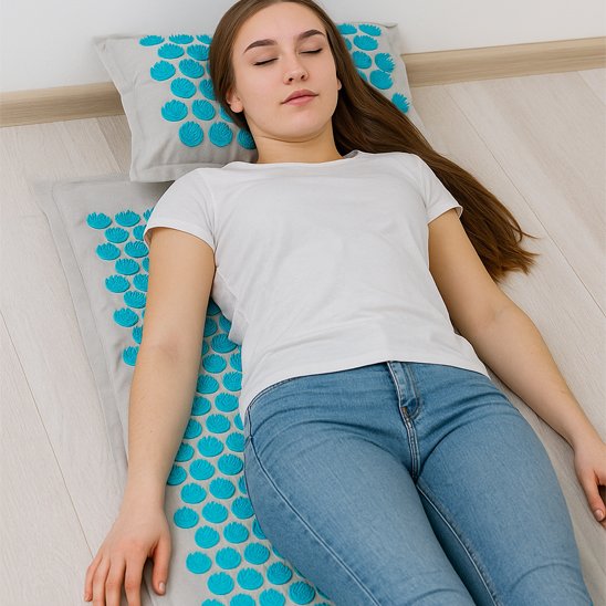 Tapis d acupression lin bleu femme coucher
